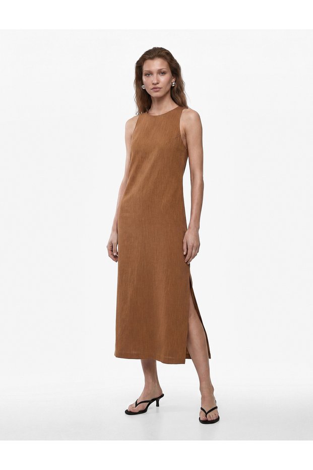 Viscose Fabric Round Neckline Window Detail Backless Sleeveless Long Dress