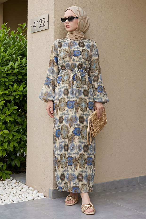 Pleated Shawl Pattern Chiffon Dress - Blue