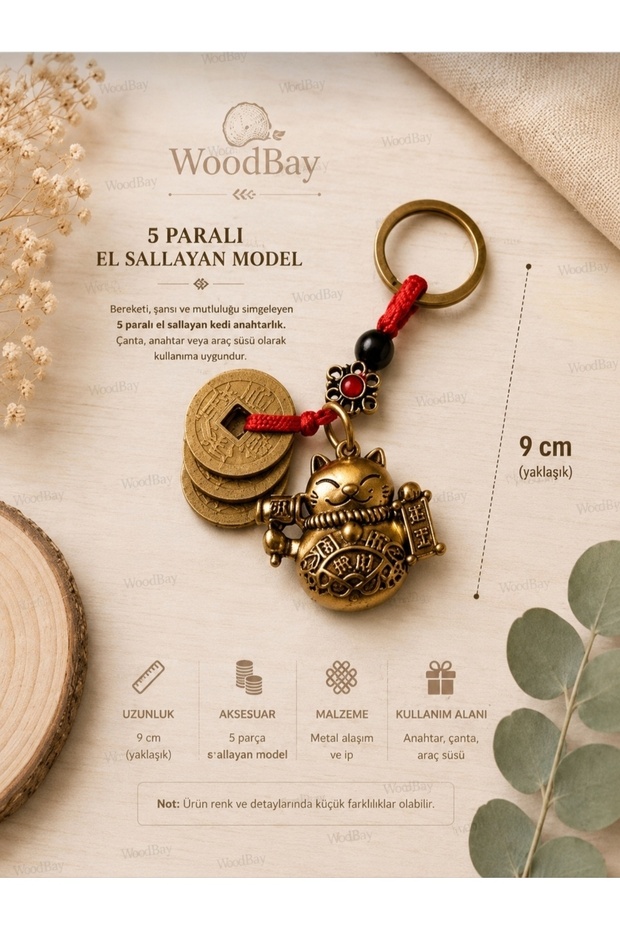 Feng Shui Lucky Cat Keychain with 5 Chinese Coins Maneki Neko Symbol of Abundance 9 cm Model 2