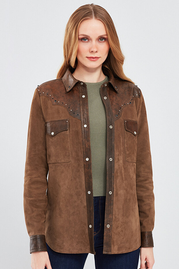 Western Women's Brown Shirt Style Suede Leather Jacket 24Sgd519610