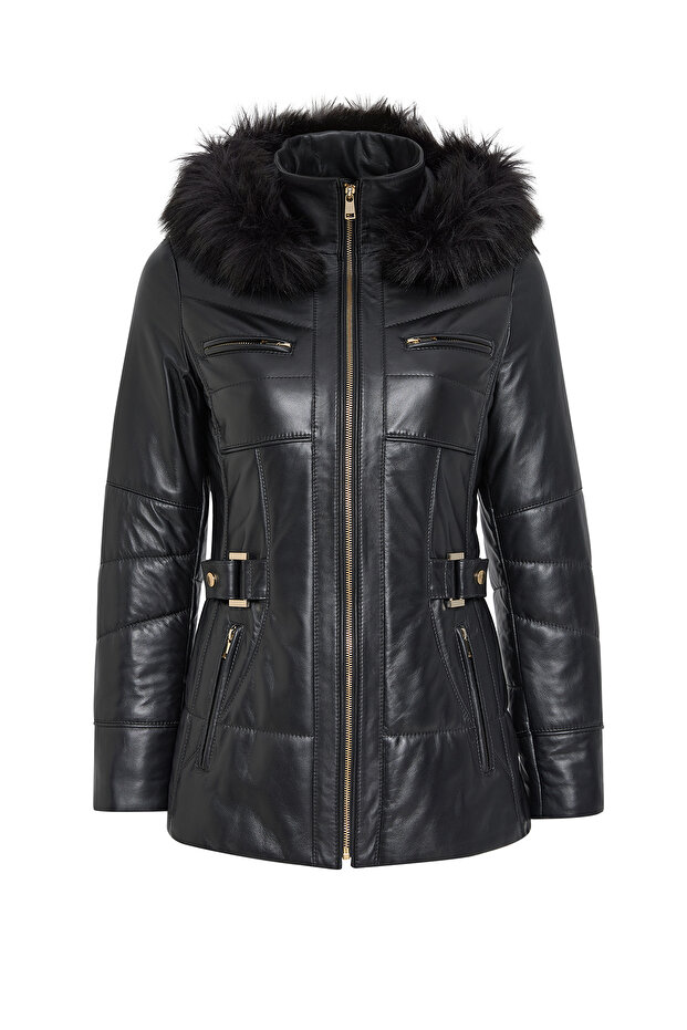Alexandra Women's Black Hooded Fur Leather Coat 24Wge52851M