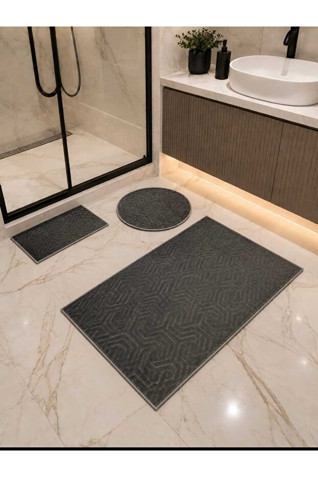 DİNARSU Harmony Lux Embossed Washable Bathroom Rug Modern Bath Mat Round 100X60 40X60 60X60