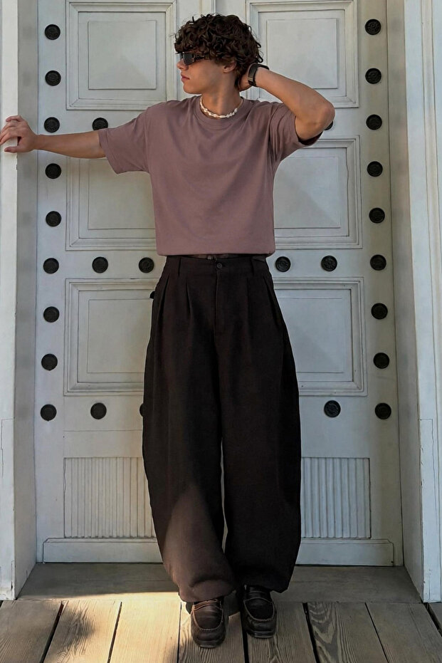 Ανδρικό μπλουζάκι καφέ Oversize Fit Basic 6066 - 1