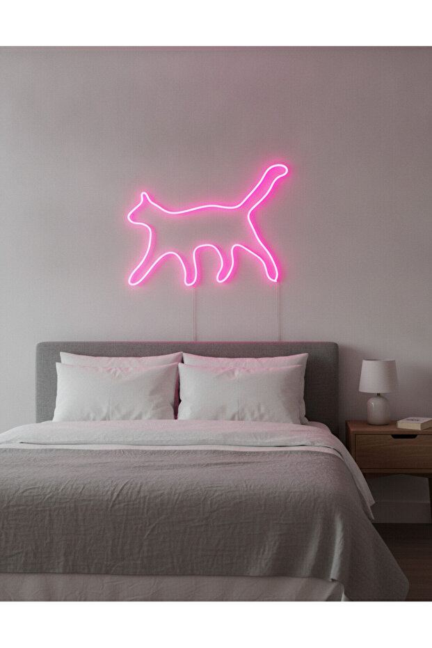 Kedi Figürlü LED Neon Duvar Tablosu | Pembe Aydınlatmalı Modern Dekor | Farklı Boyut Seçenekli Salon Hediye - 3