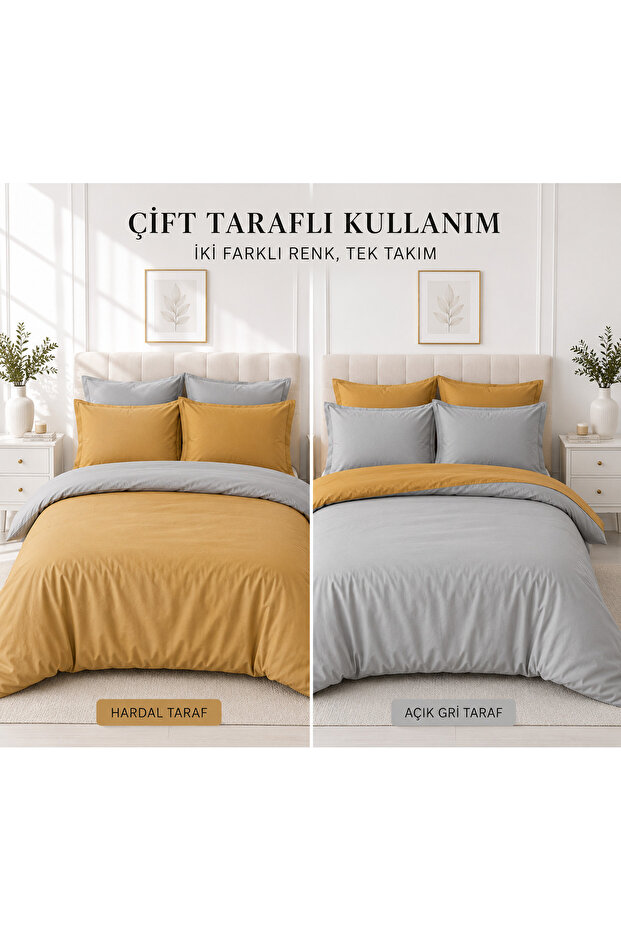 Mustard-Grey Yarn Dyed Double Color Double Duvet Cover Set and 2 Pillowcases (Without Sheets)