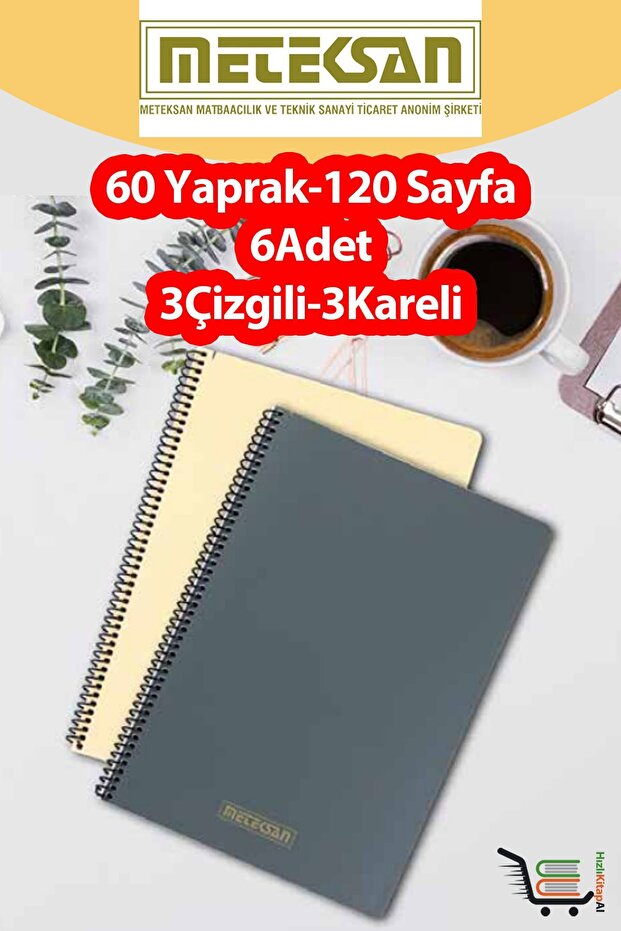حجم A4 60 ورقة (120 صفحة) دفتر مدرسي بغطاء بلاستيكي حلزوني-Meteksan