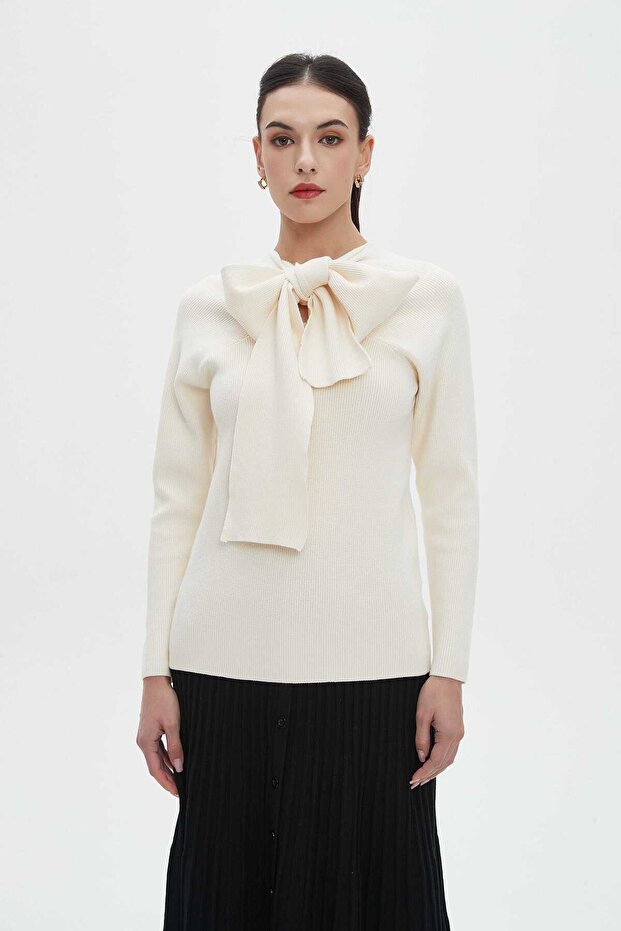 Women's Solid Long Sleeve Blouse with Neck Bow