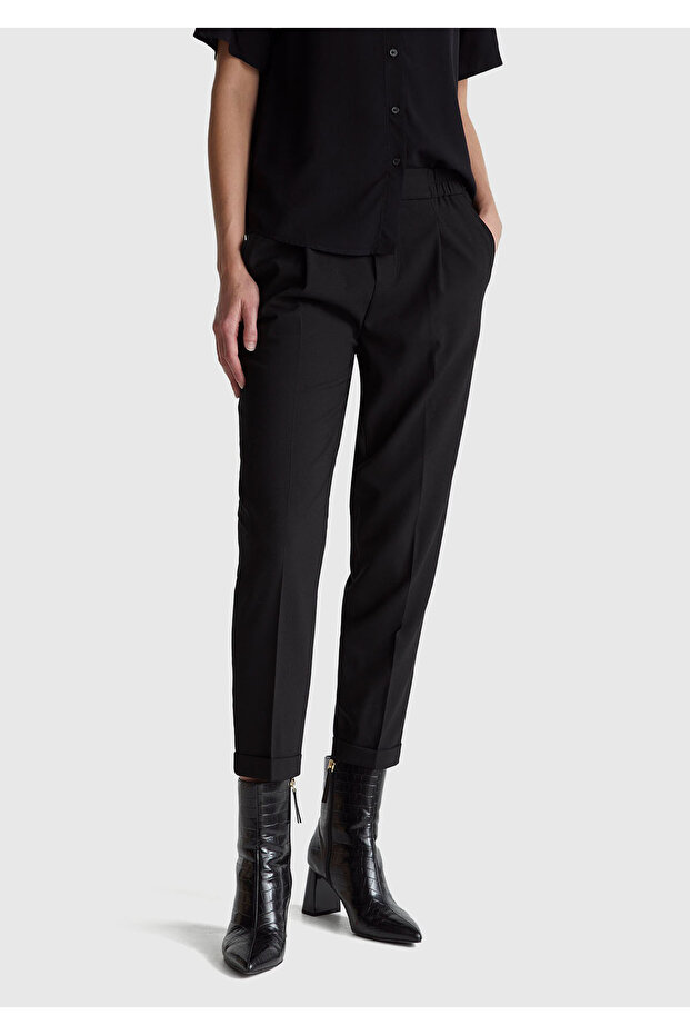 Women's Black Viscose Blend Side and Back Gathered Curled Leg Pants