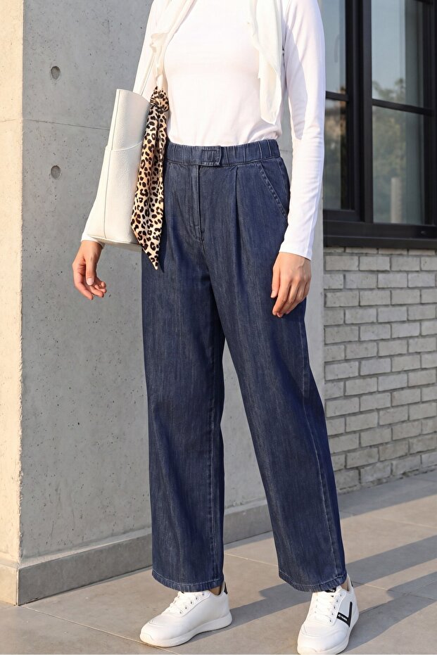 Double Pocket Elastic Waist Velcro Pleated Trousers -Indigo