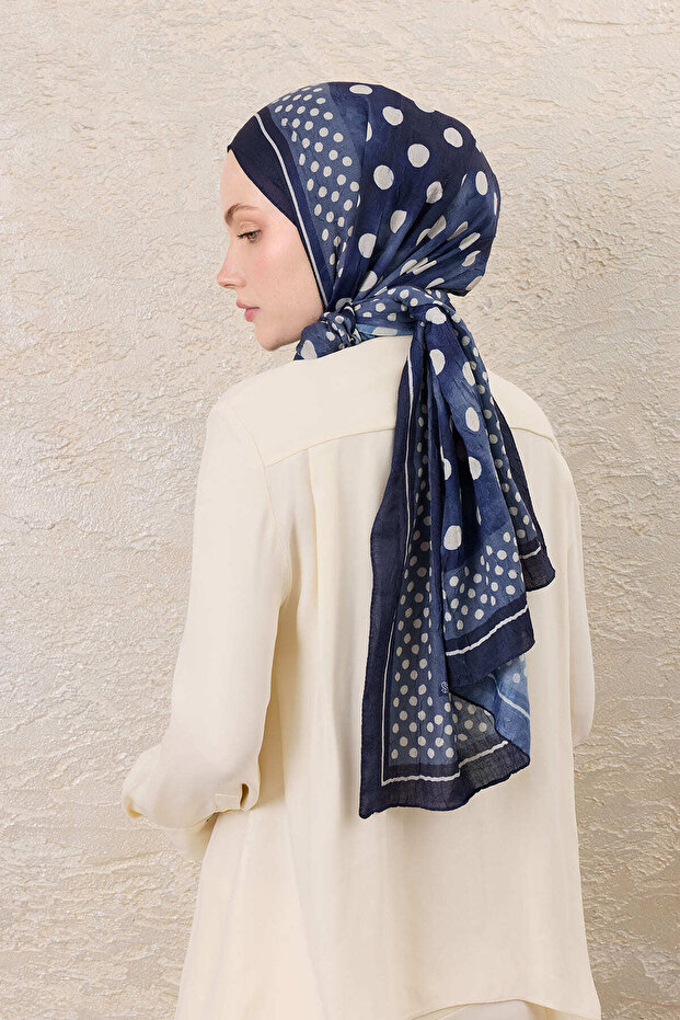 Navy Blue Bordered Polka Dot Patterned Kraş Shawl - 3