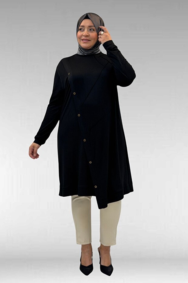 68006 Plus Size Combed Cotton Tunic with Button Detail on the Placket - Black