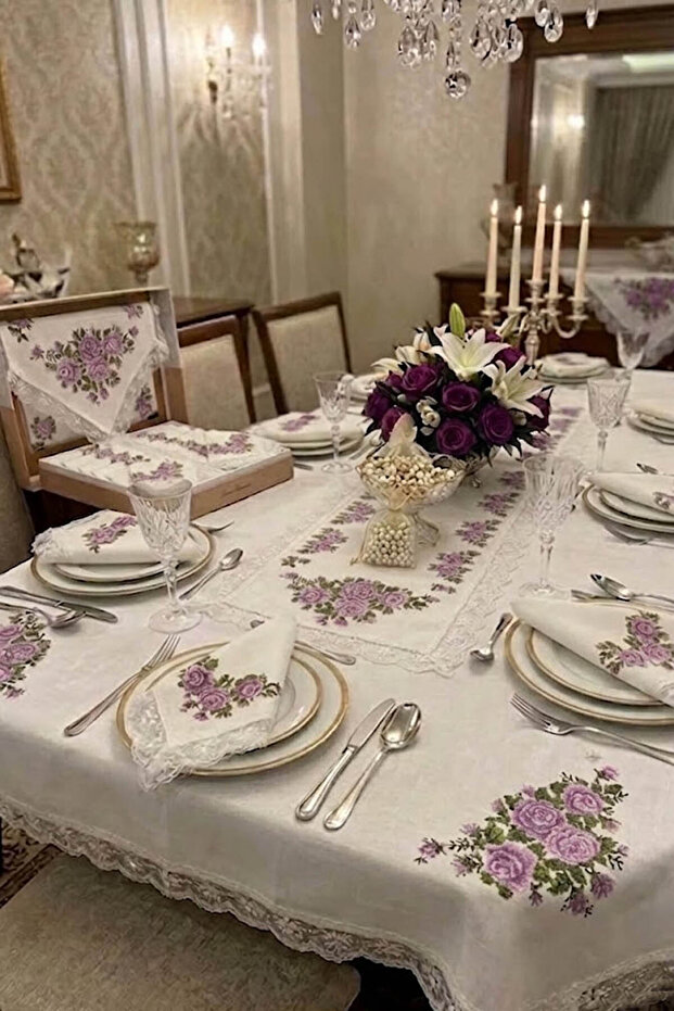 Cross-Stitch Tablecloth for 12 People Lilac Dinner Set – 26 Pieces 160X220Cm Cross-Stitch Printed Dinner Set