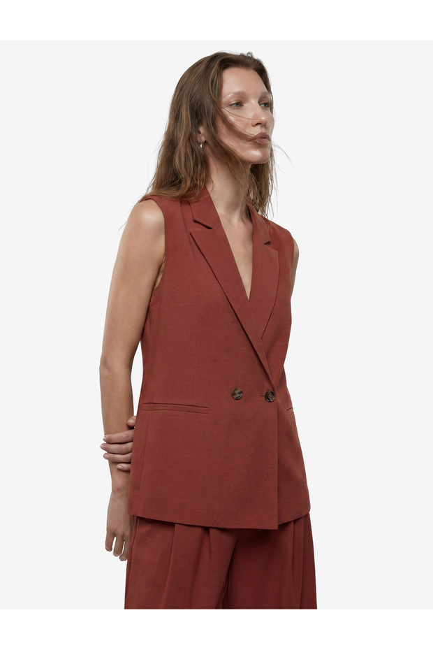 X Melis Ağazat - Viscose Fabric Pocketed Sleeveless Double-Breasted Blazer Jacket Vest