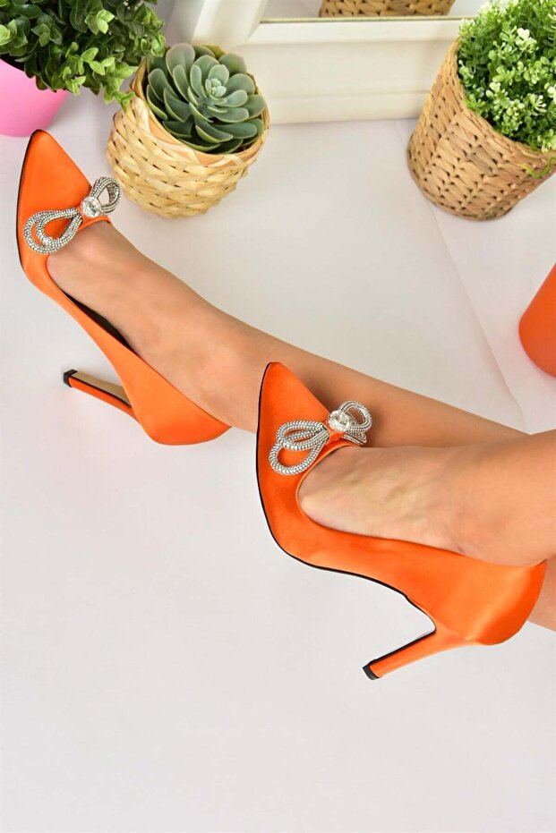 Orange Satin Fabric Stoned Women's Stiletto M253972004