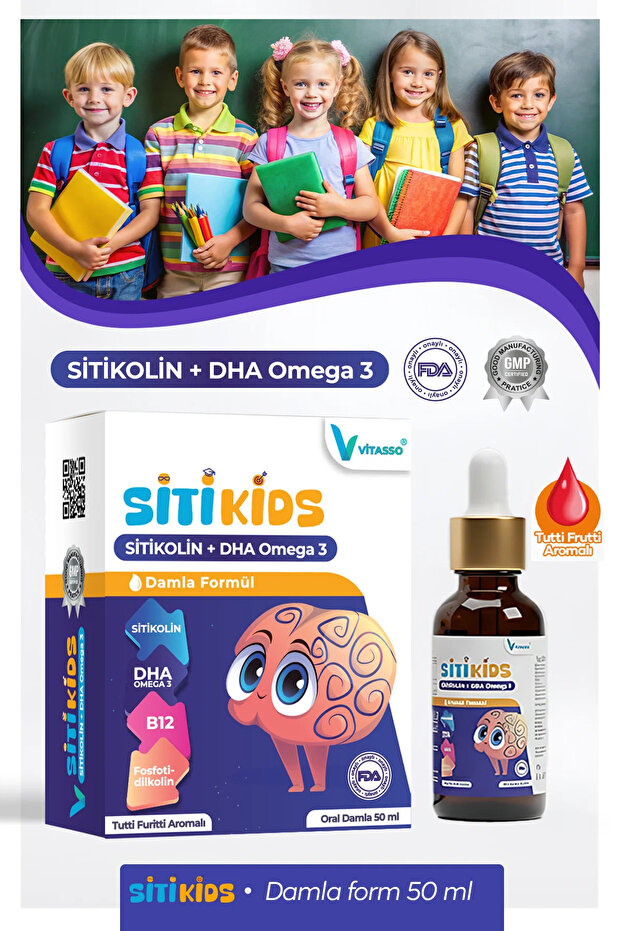 Sitikids Omega 3, Sitikolin, Phosphatidylcholine, Vitamin B12 Containing Supplementary Food 50 ml