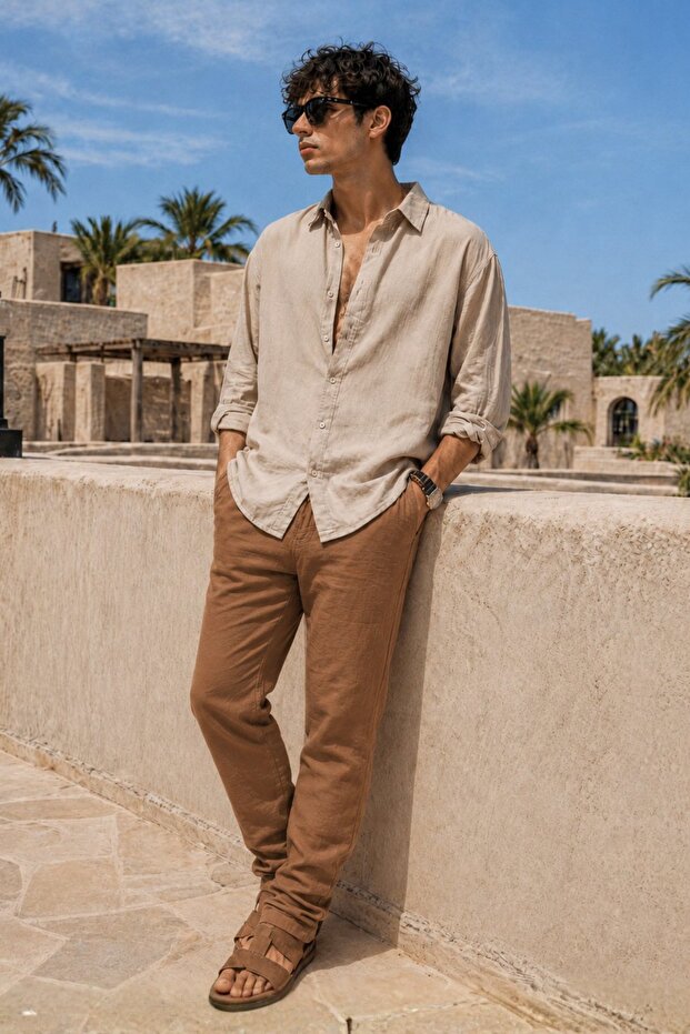Brown Muslin Fabric Men's Basic Pants 6507