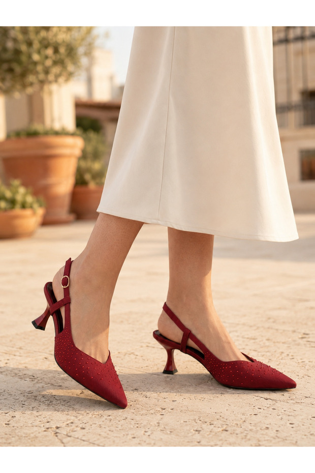 Bordo Taş Detaylı İnce Topuklu Slingback Stiletto – Şık ve Zarif Abiye Kadın Ayakkabı - 3