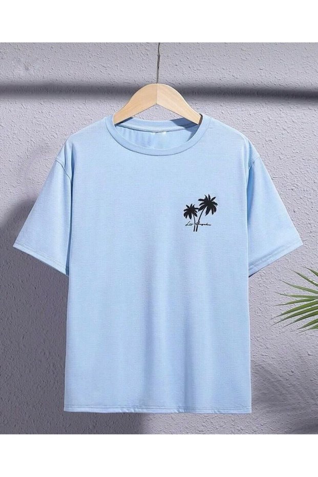 Girl-Boy's Palm Printed Beige-Baby Blue 2 Pack Combed Cotton T-Shirt