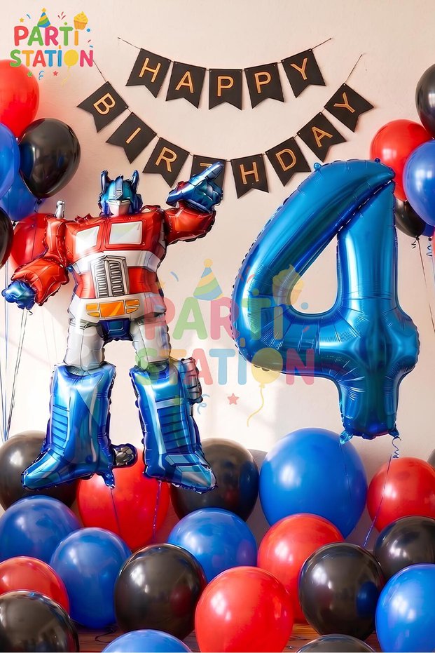 Transformers Optimus Prime 4 Years Old Birthday Balloon Set Foil Number Balloon, Happy Birthday Banner