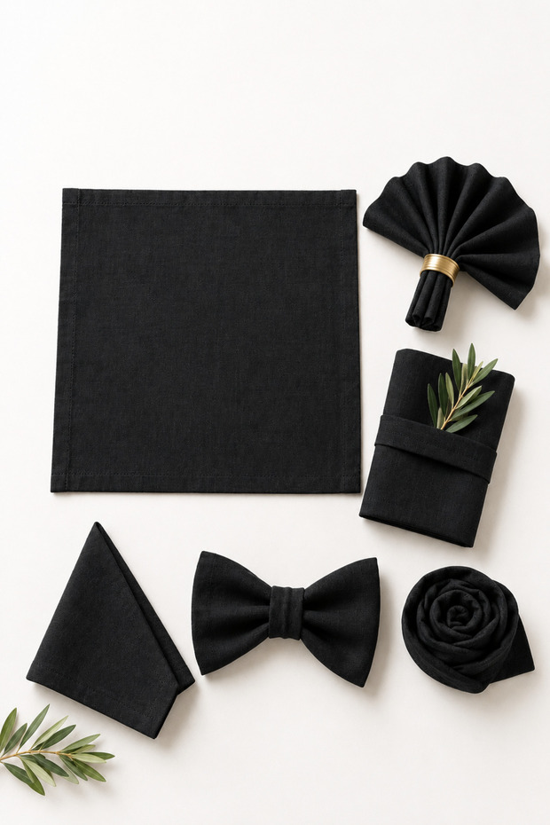 Set of 6 100% Linen Fabric Black Napkins