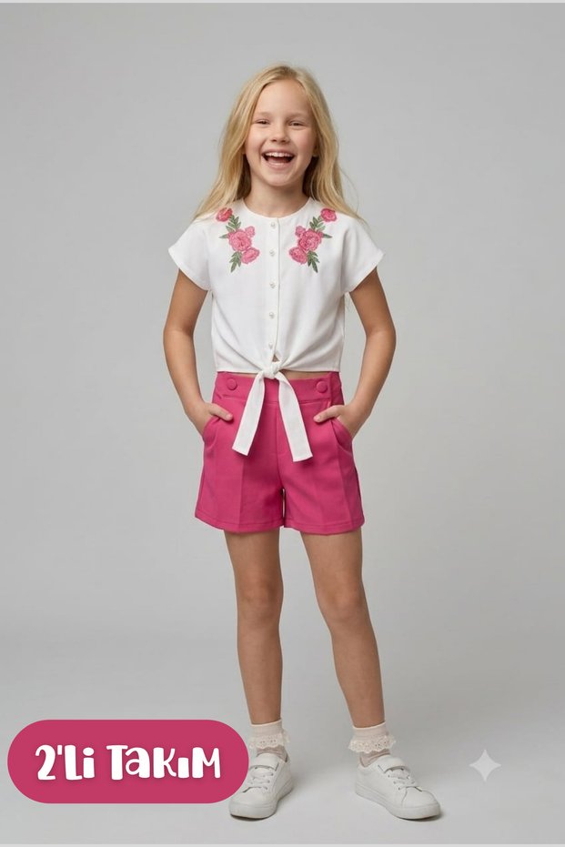 Girl's Embroidery Detailed Front Tie White Shirt Pocket Shorts Set of 2