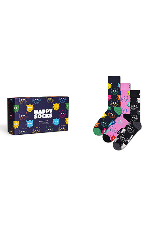 مجموعة جوارب Happy Socks النسائية متعددة الألوان من القطن بنقشة القطط مكونة من 3 قطع XMJA08-0150