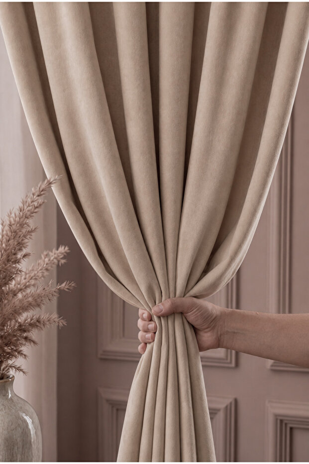 Beige Velvet Textured Curtain SINGLE PANEL 1/2.5 MEDIUM PLEAT Plain Simple Suitable for Any Room