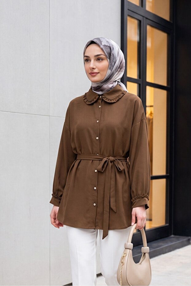 Stone Buttoned Bowknot Baby Collar Imported Crepe Tunic - Brown