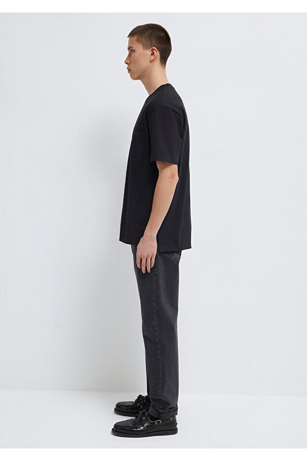 Cep Detaylı Siyah Basic Tişört Loose Fit / Bol Rahat Kesim 066248-900 - 4