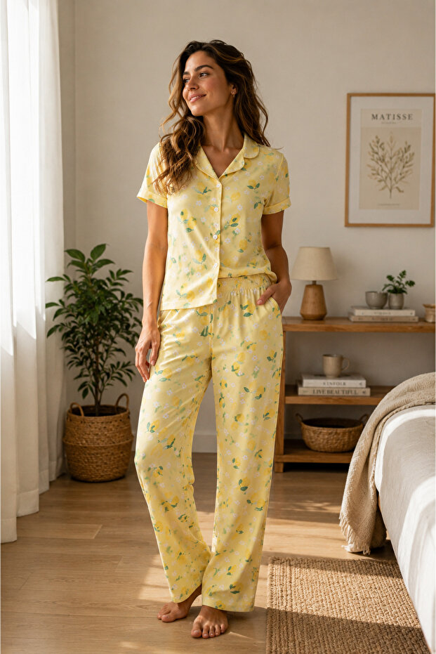 Women'S/Kids' Lemon Patterned Yellow Pajama Set - Short Sleeve Buttoned Striped Pajama Set