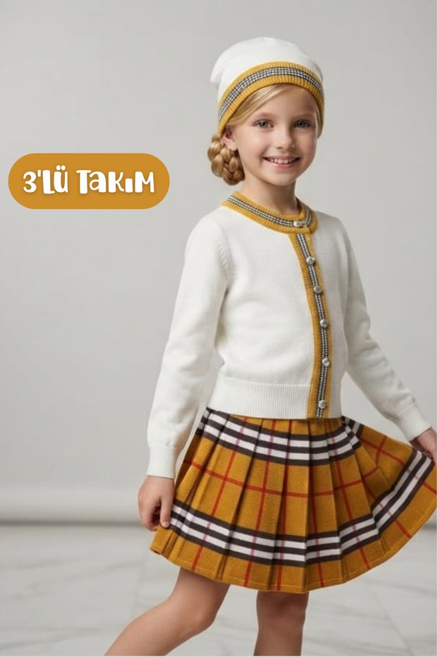 Girl's Crew Neck Knitwear Cardigan Striped Skirt Beret 3-Piece Set