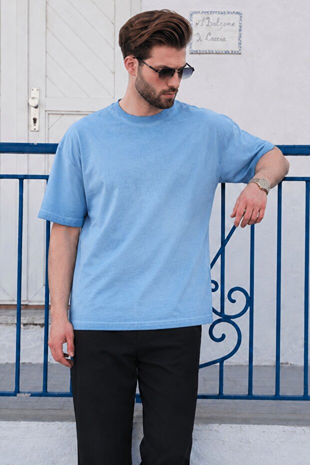 Indigo 100% P Cotton U Bicycle Collar O Oversized Men's T-Shirt E7177