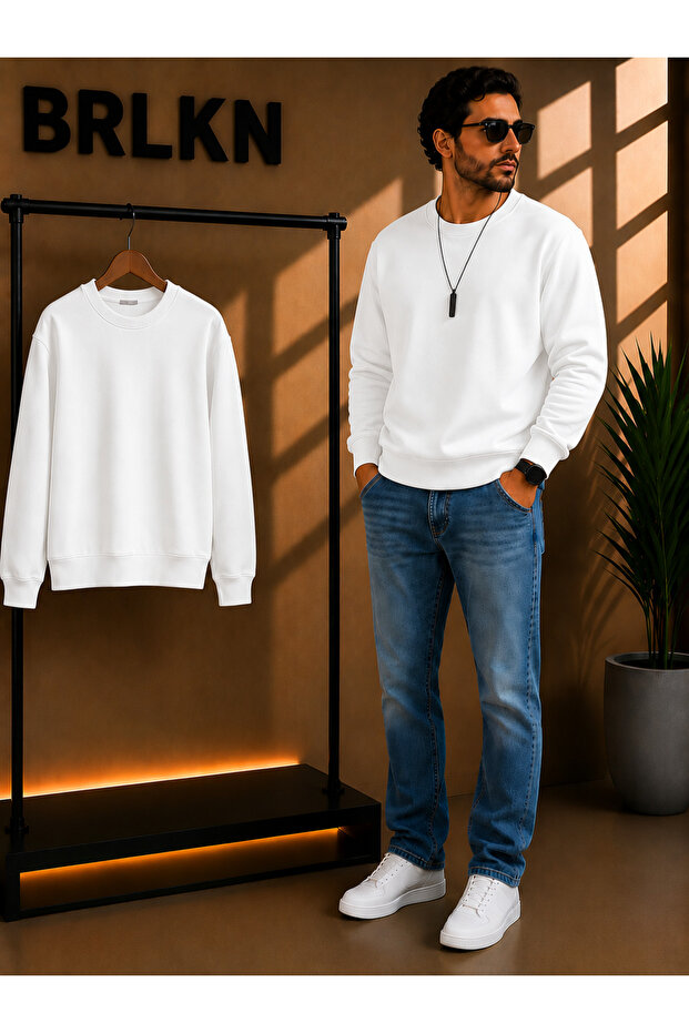 Ecru Crew Neck Oversize Raster Basic Men's Sweatshirt Tr4477