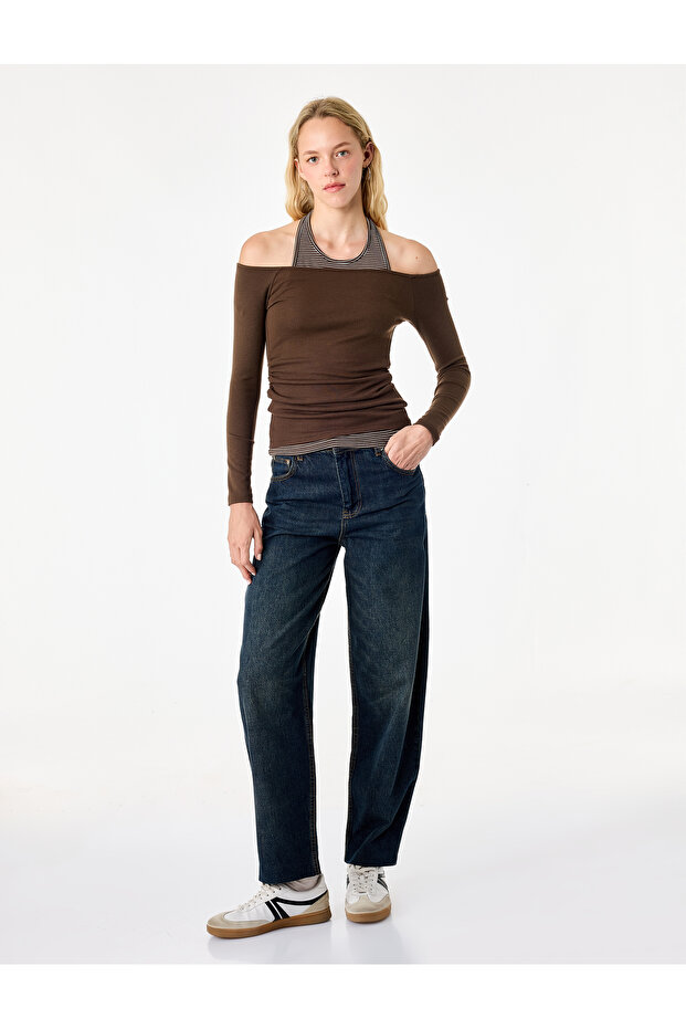 Slim Fit Viscose Blended Halter Neck Long Sleeve Double T-Shirt