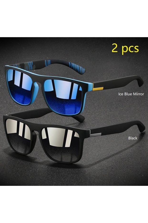 IceBlue-Black 2 Pieces Fashion Vintage Square Sports Sunglasses Men Women Fishing Driving Man Brand