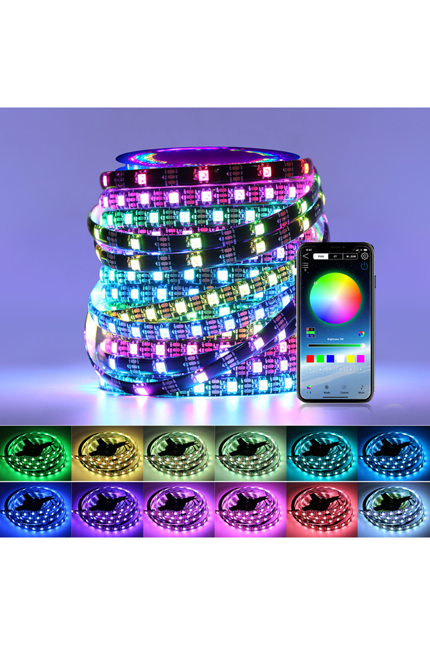 شريط إضاءة LED بطول مترين، مقاوم للماء والغبار (IP30)، يحتوي على 60 مصباح LED، بدون جهاز تحكم عن بعد، طراز WS2812B، يعمل بجهد 5 فولت تيار مستمر، مزود بإضاءة RGB قابلة للتوصيل بشكل فردي.