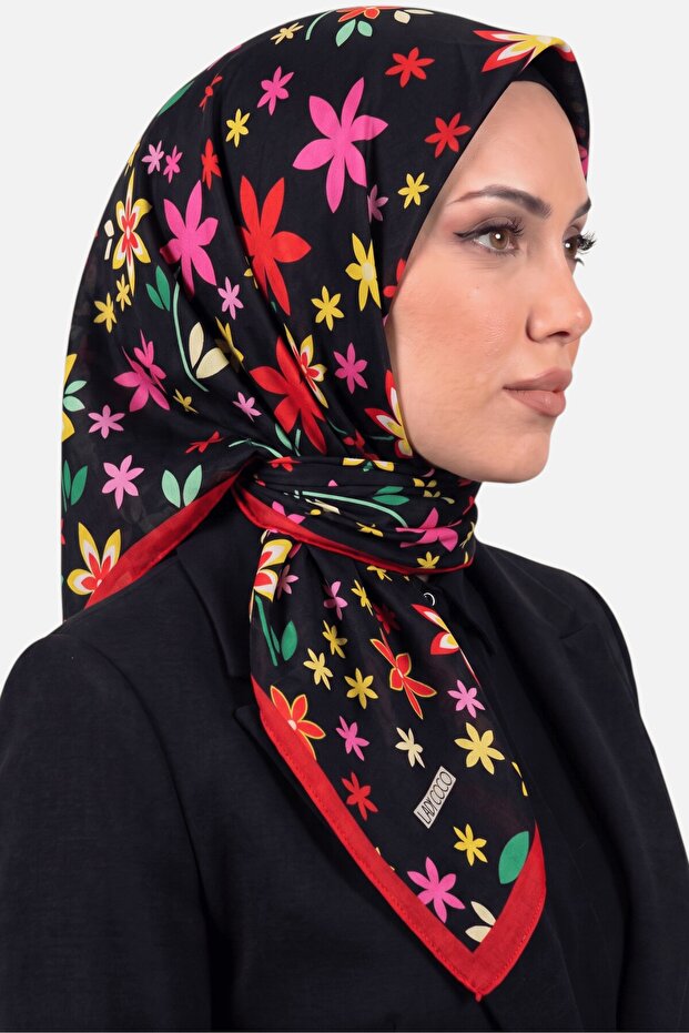 Women's Black Red Floral Patterned Organic Cotton Soft Scarf