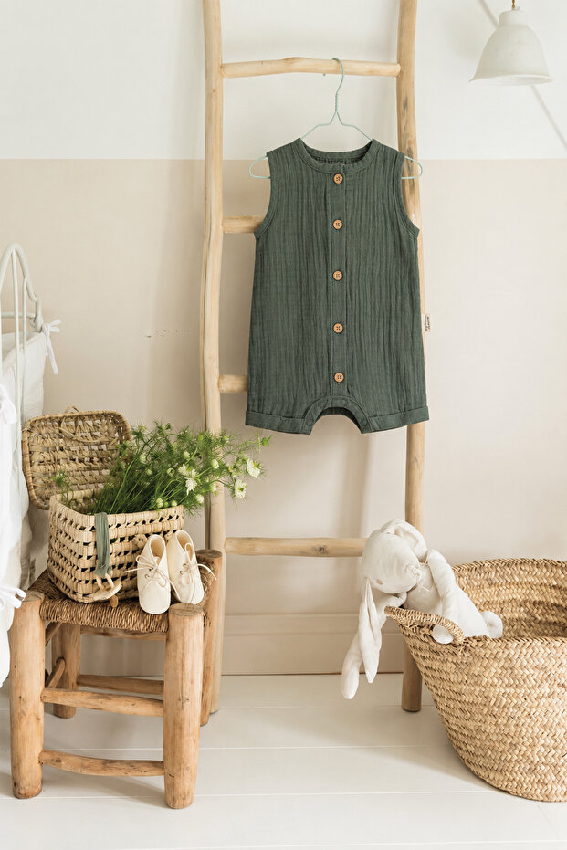 Organic Muslin Jumpsuit 0-3 Years Khaki Green