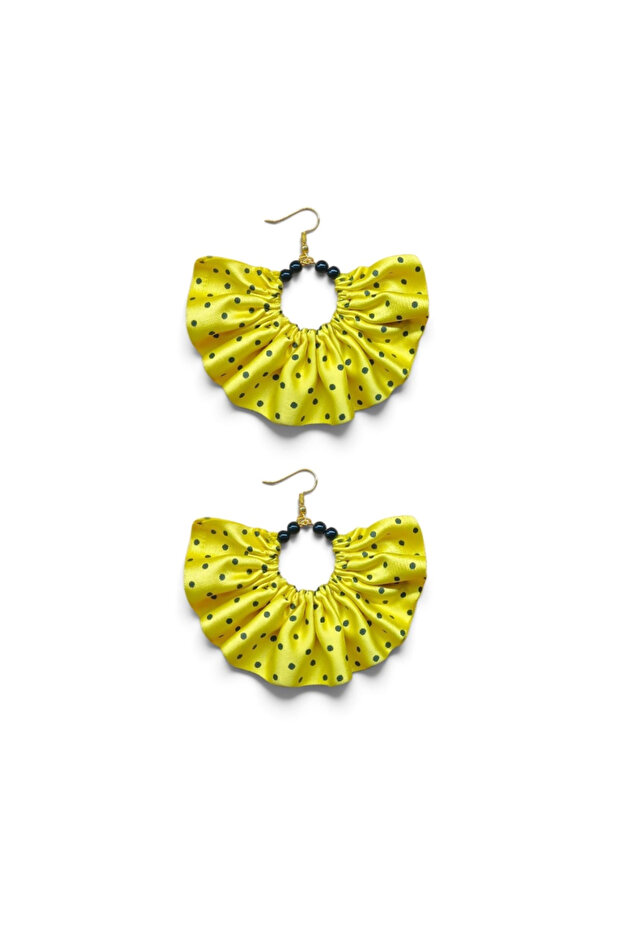 Gold Color Hoop Dangle Earrings – Yellow Black Polka Dot Satin Fabric Beaded Design