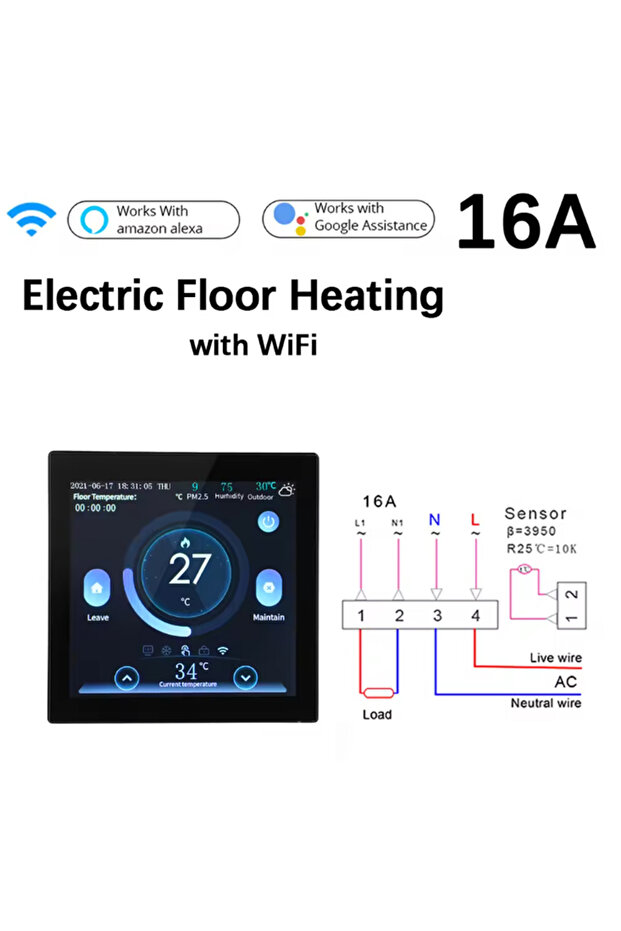 16A Electric Heating WiFi Smart Thermostat with CO2 and Humidity Sensor Temperature Controller Work