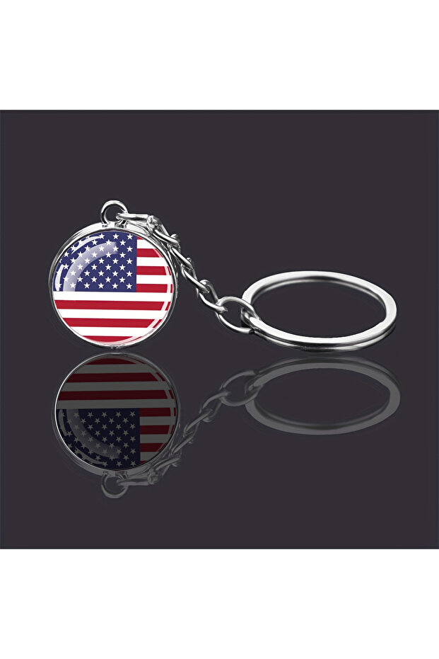 America Patriotic Flag Keychain with Durable Metal Ring & Circular Glass Charm. A Versatile Gift for