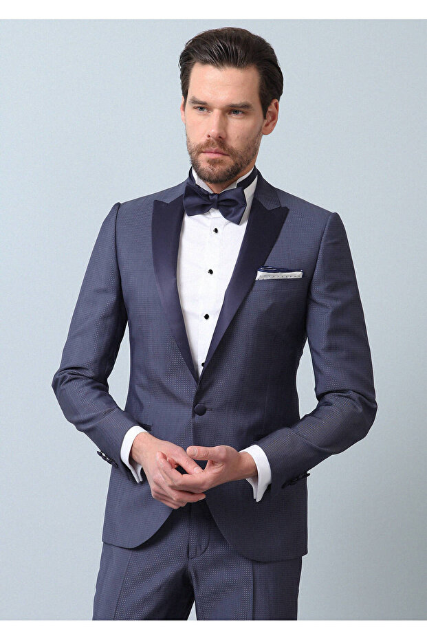 Blue Pattern Slim Shawl Lapel Woven Tuxedo Suit