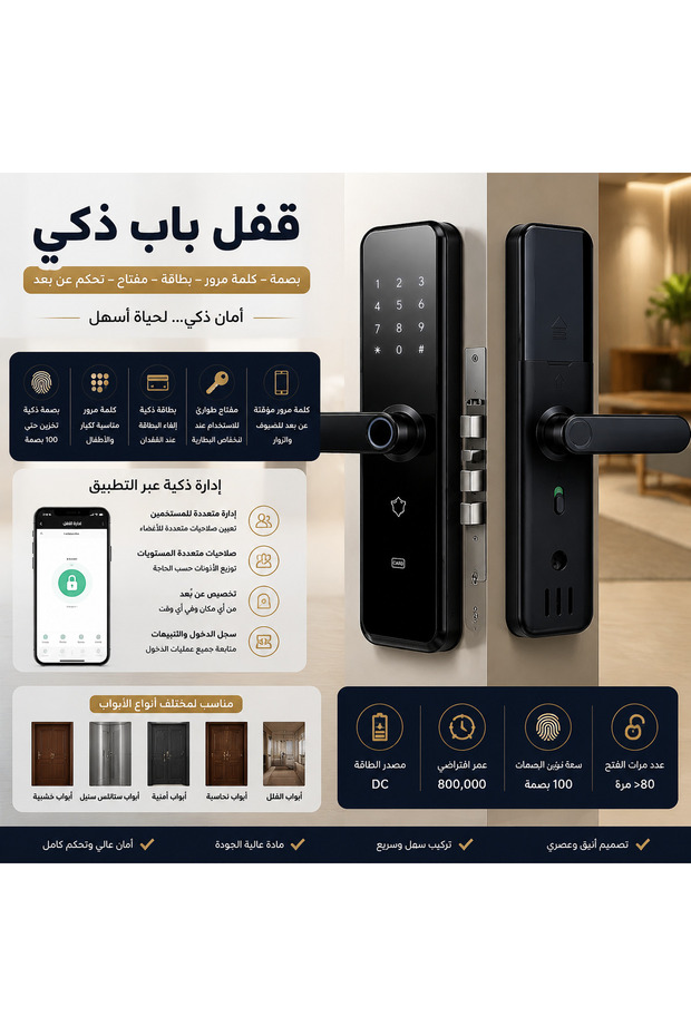 قفل باب ذكي ببصمة الإصبع - إدارة عبر التطبيق، إمكانية الوصول عن بعد بكلمة مرور، دخول بدون مفتاح لمستخدمين متعددين