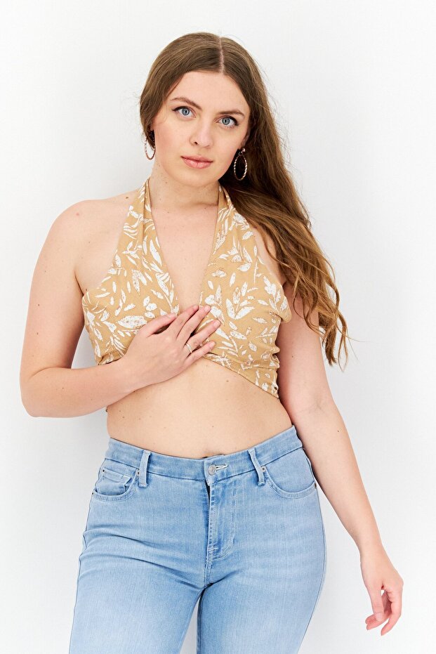 Women Halter Neck Sleeveless Allover Print Top, Tan