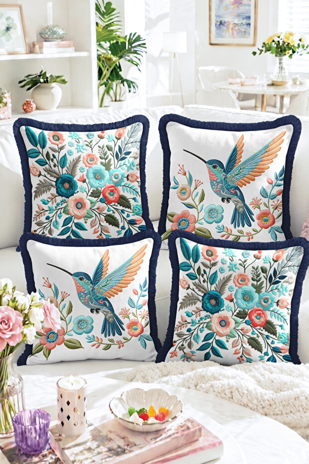 Hummingbird Bird and Flower Patterned Navy Blue Edged 4-Piece Fringed Throw Pillow Cover Set