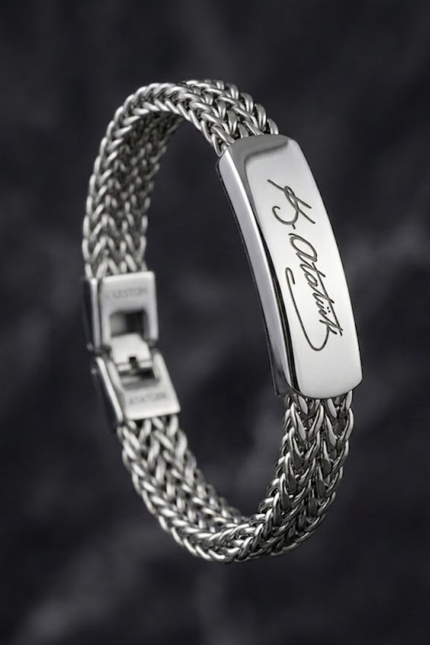 Men's Steel Bracelet - Double Row Braided Kemal Atatürk Signature Model Thick Steel Bracelet