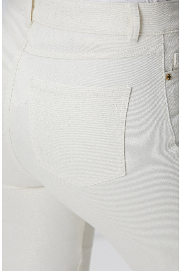 Ekru Simli Denim Pantolon - 5