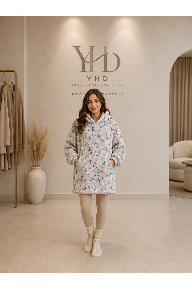 Wearable Premium Oversize Hoodie Blanket Winter Themed Unisex Double Layer Plush