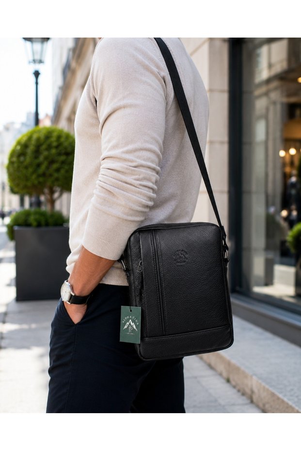 Men's Black Genuine Leather Hand and Shoulder Bag Medium Size Father's Day Gift