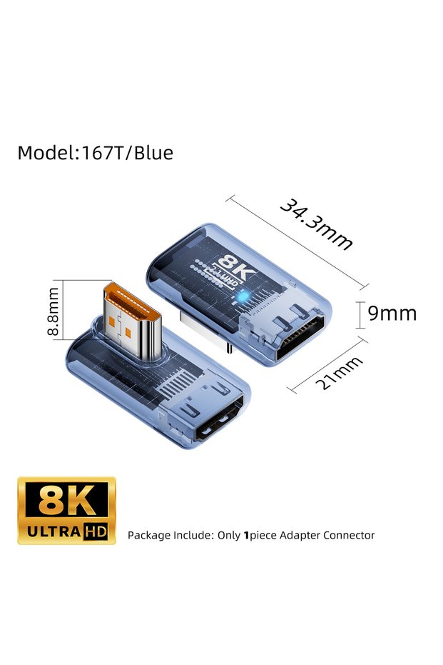 167T-Blue 90 270 360 Degree HDMI-compatible 2.1 Adapter 8K@60Hz Male to Female Connector HDMI-compat